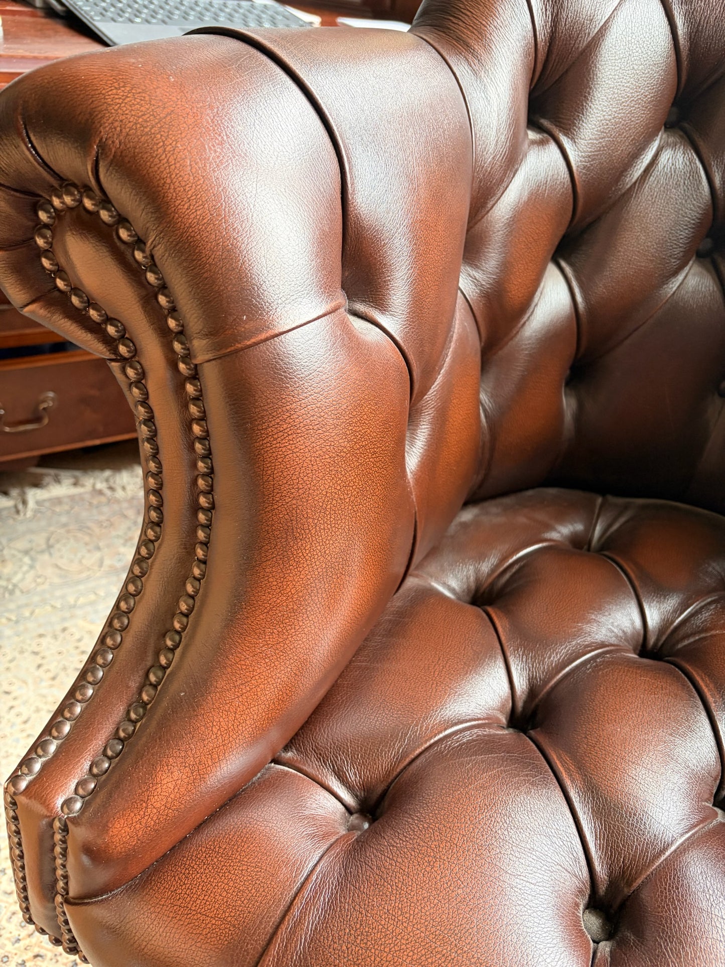Brown Leather Tufted Swivel Directors Chair with Nailhead Trim