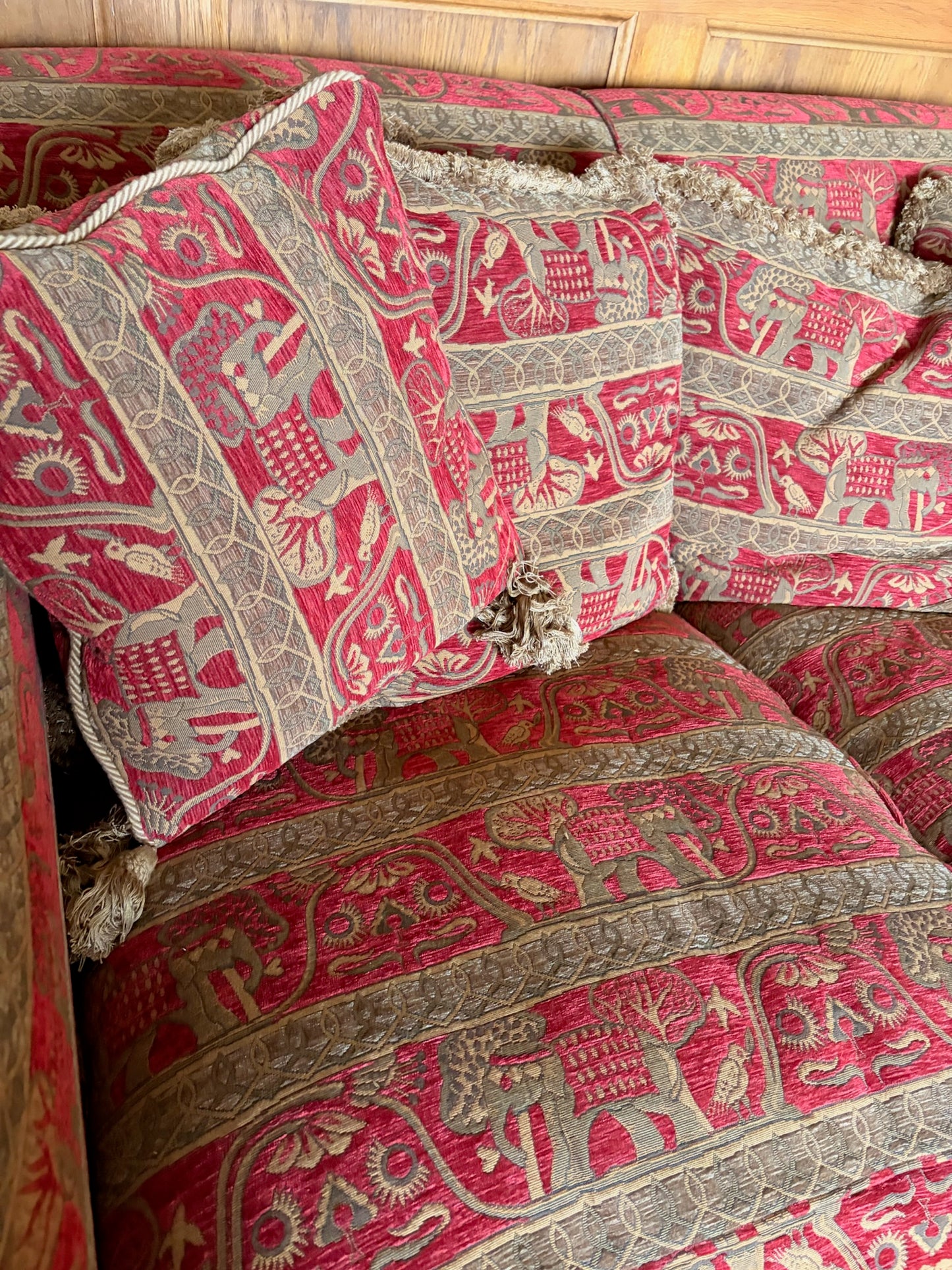 Duresta Red and Gold Elephant Tapestry Fabric Sofa