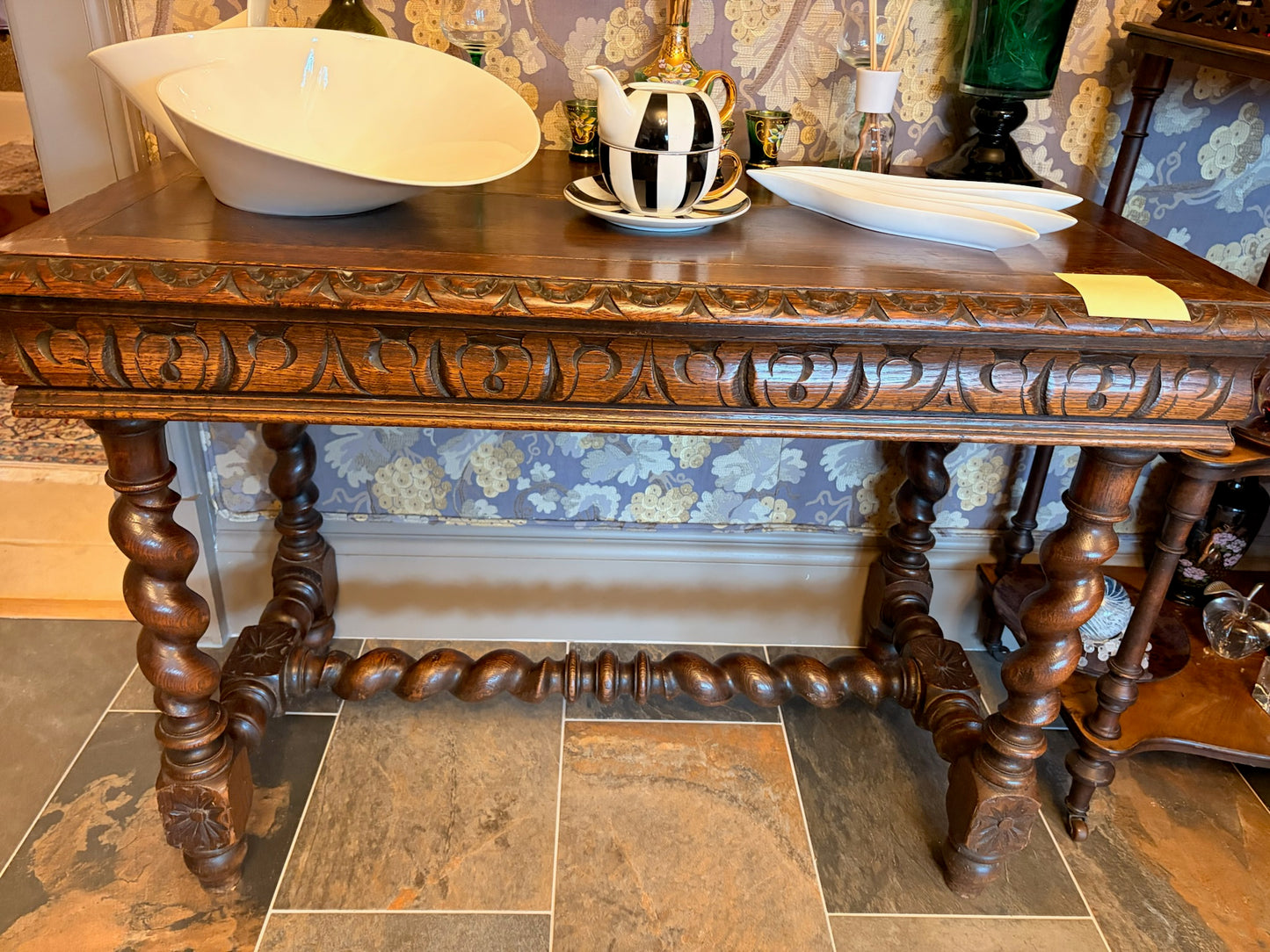French Carved Oak Barley Twist Writing Table