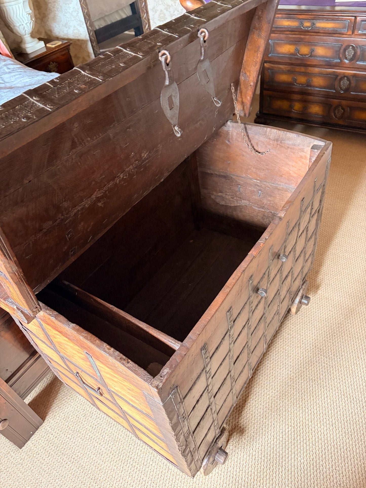 Antique Iron bound Hardwood Travel Trunk