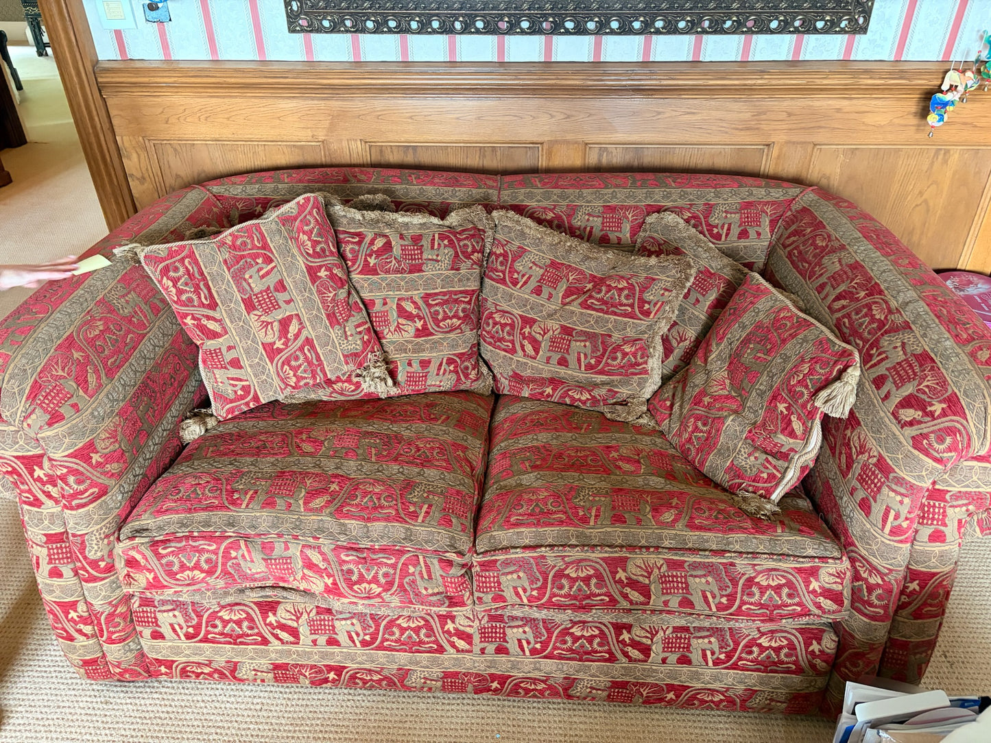 Duresta Red and Gold Elephant Tapestry Fabric Sofa