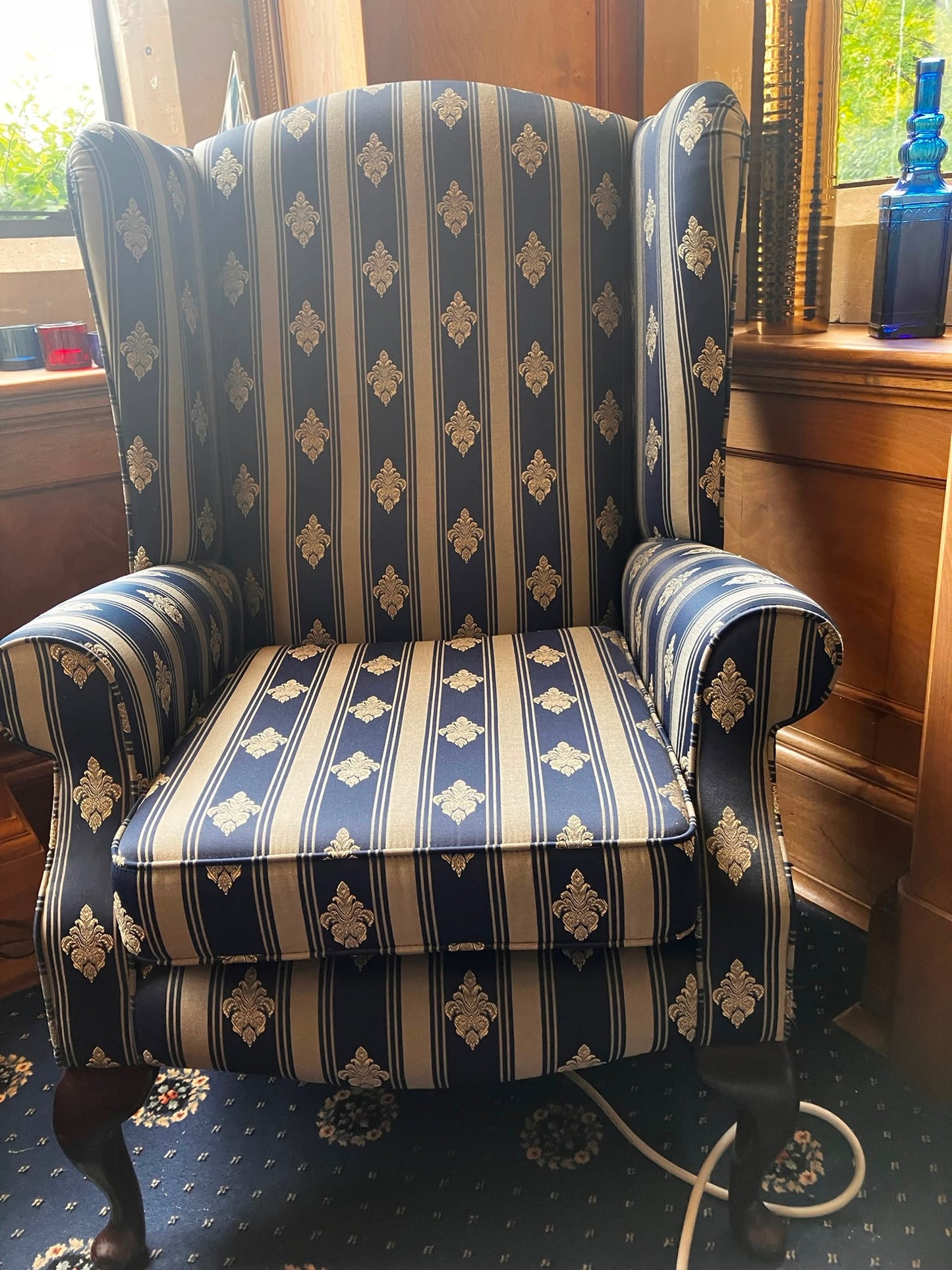 Blue & Gold Traditional Queen Anne Style Wingback Armchair