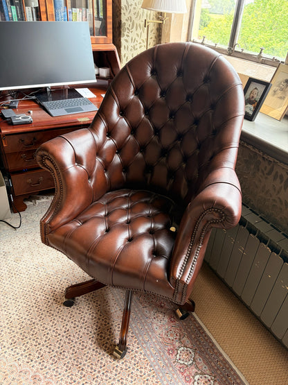 Brown Leather Tufted Swivel Directors Chair with Nailhead Trim