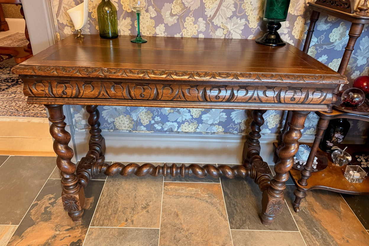 French Carved Oak Barley Twist Writing Table