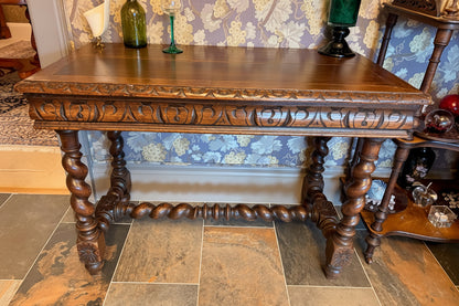 French Carved Oak Barley Twist Writing Table
