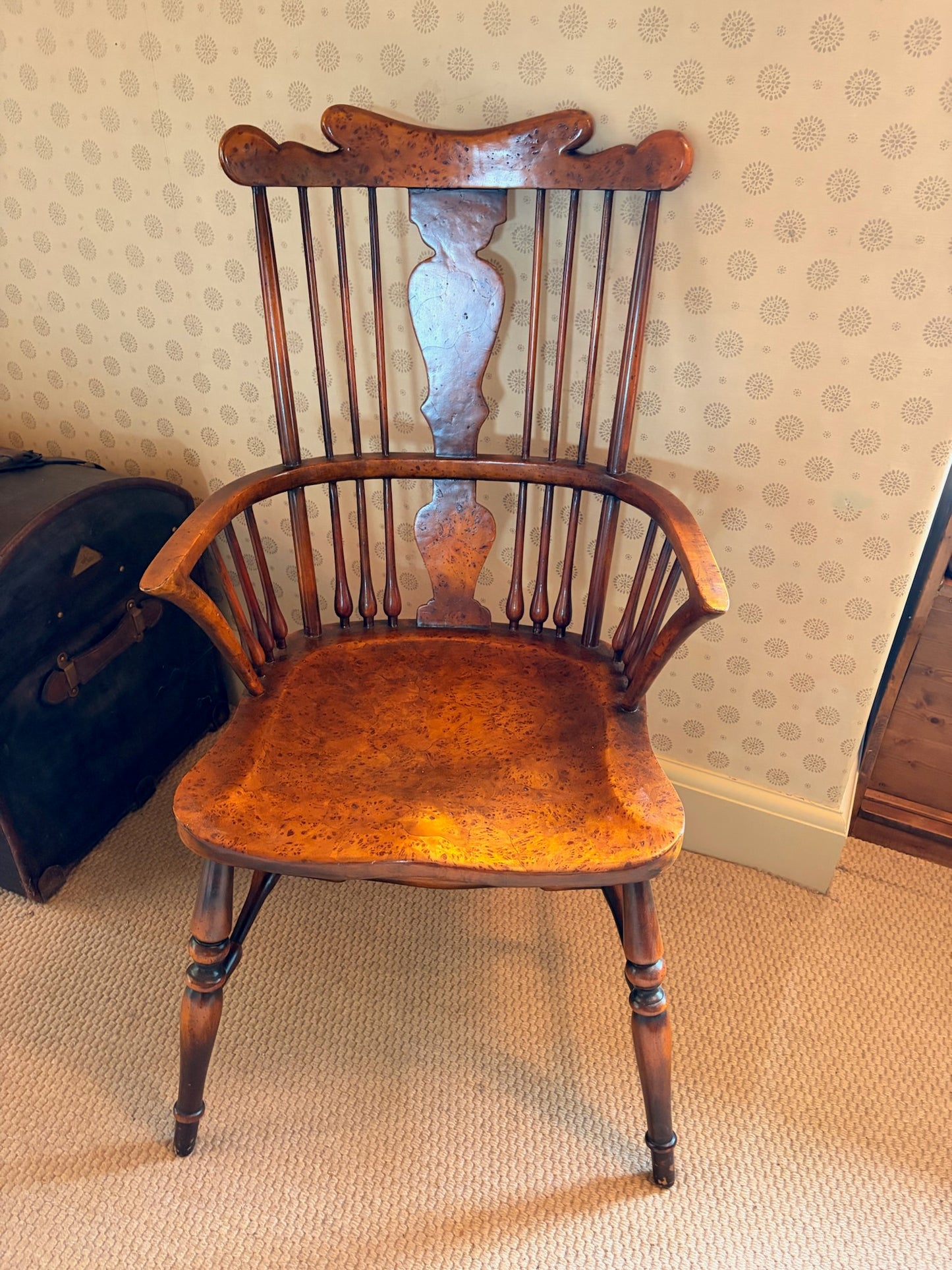 Burled Wood Seat Windsor Armchair with Spindle Back