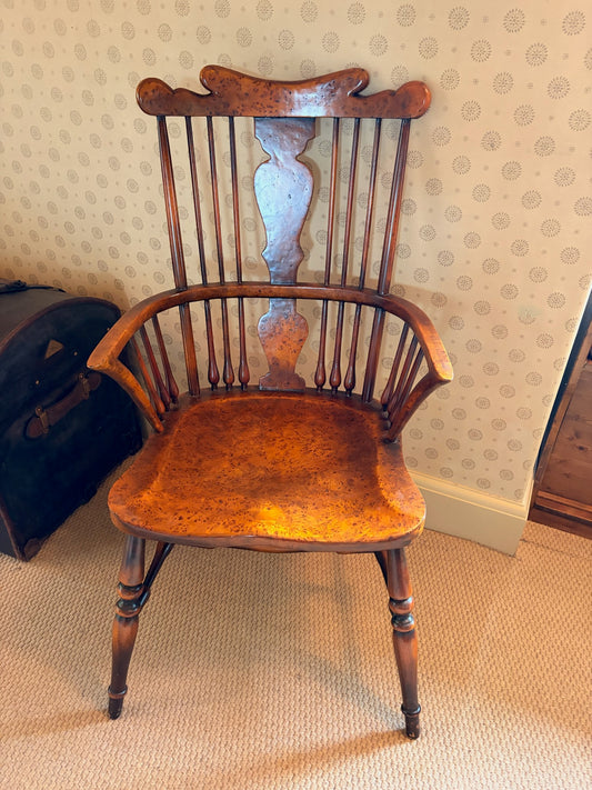 Burled Wood Seat Windsor Armchair with Spindle Back