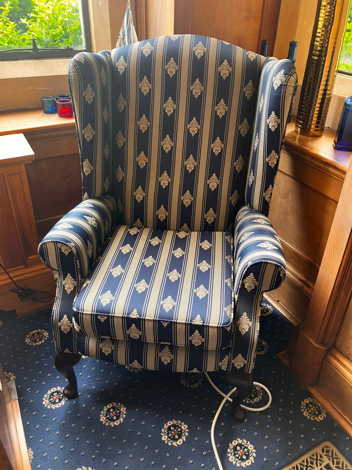 Blue & Gold Traditional Queen Anne Style Wingback Armchair