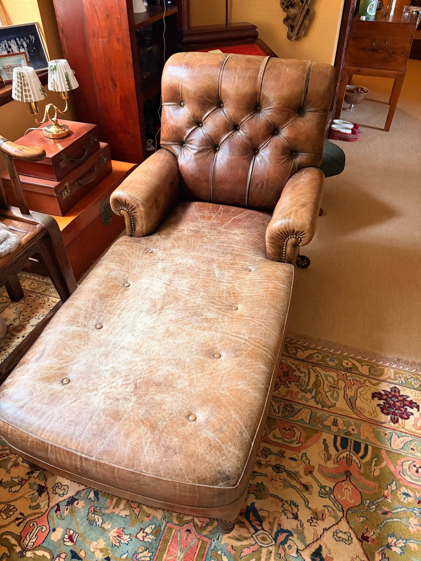 Distressed Leather Tufted Chaise Lounge