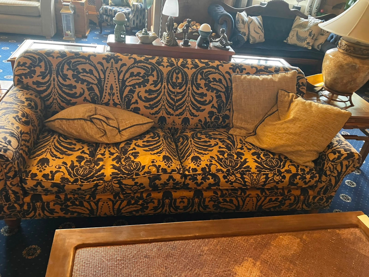 Tetras Tallis Snuggler Damask Vintage Blue & Gold Three Seater Sofa