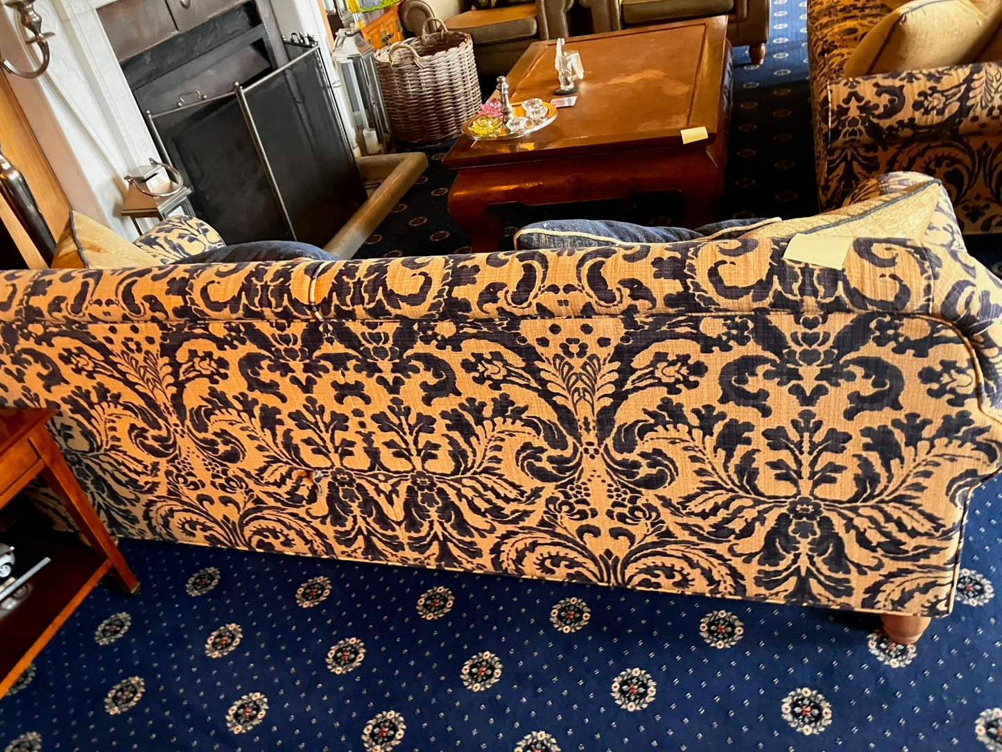 Tetras Tallis Snuggler Damask Vintage Blue & Gold Three Seater Sofa