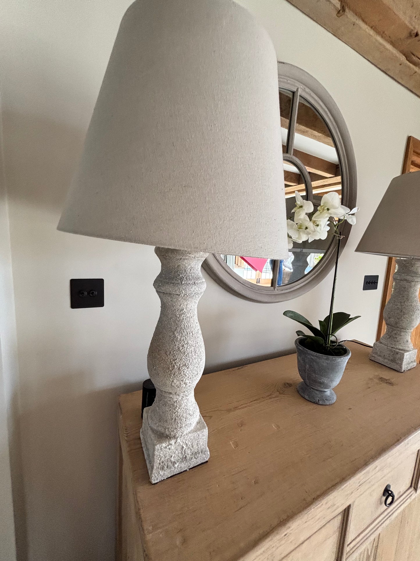 Pair of Home Barn Tall Stone Base Lamps with Beige Stands