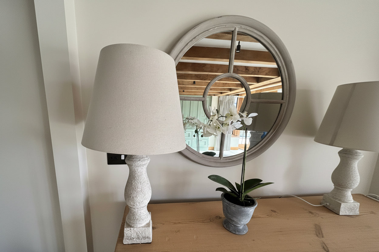 Pair of Home Barn Tall Stone Base Lamps with Beige Stands