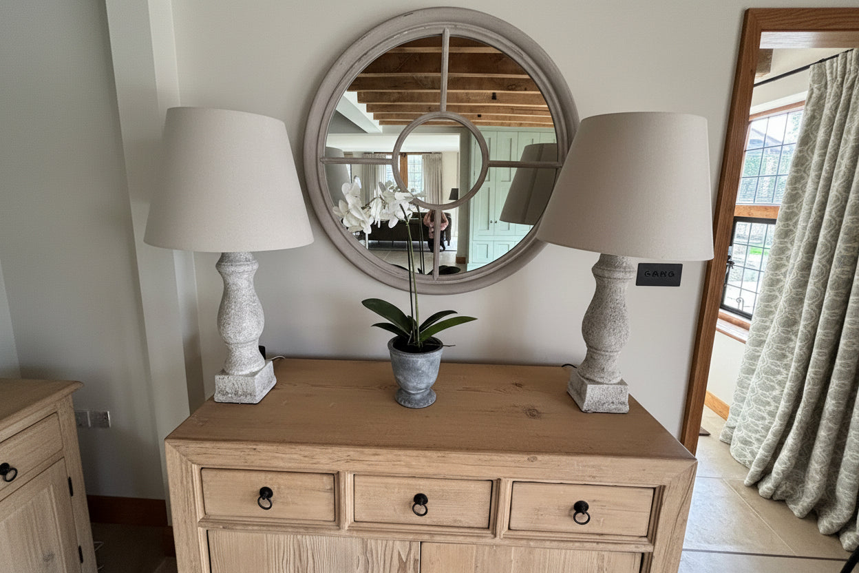Pair of Home Barn Tall Stone Base Lamps with Beige Stands