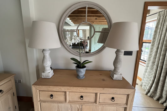 Pair of Home Barn Tall Stone Base Lamps with Beige Stands