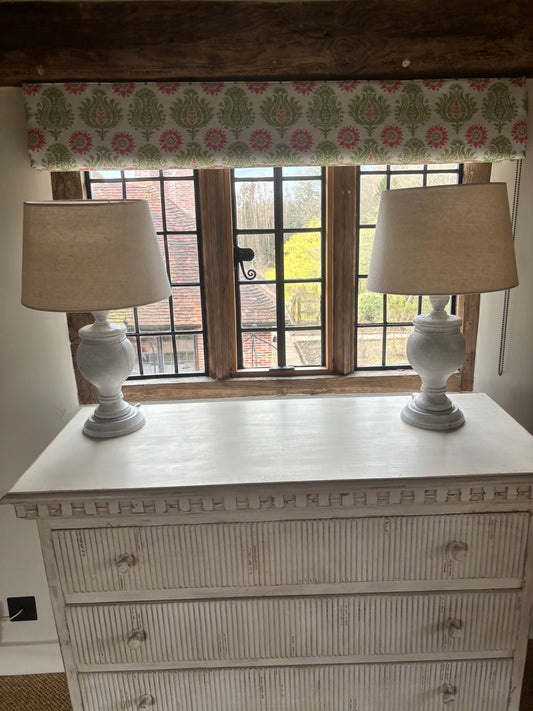 Chosen by Jessica White Urn Base with Beige Lamps