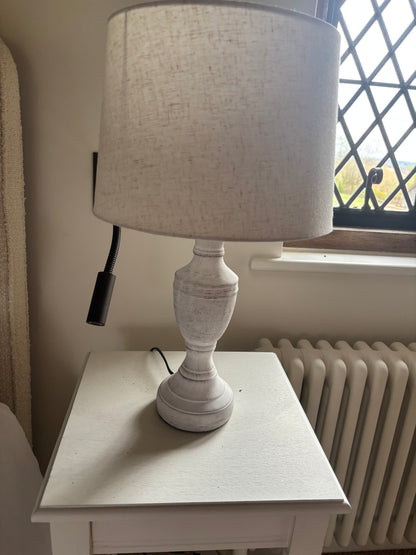 Pair of White Wood Base Lamps with Natural Cream Shades
