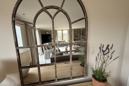 Pair of One World Arched Washed Metal Window Mirrors