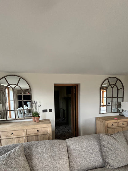 Pair of One World Arched Washed Metal Window Mirrors
