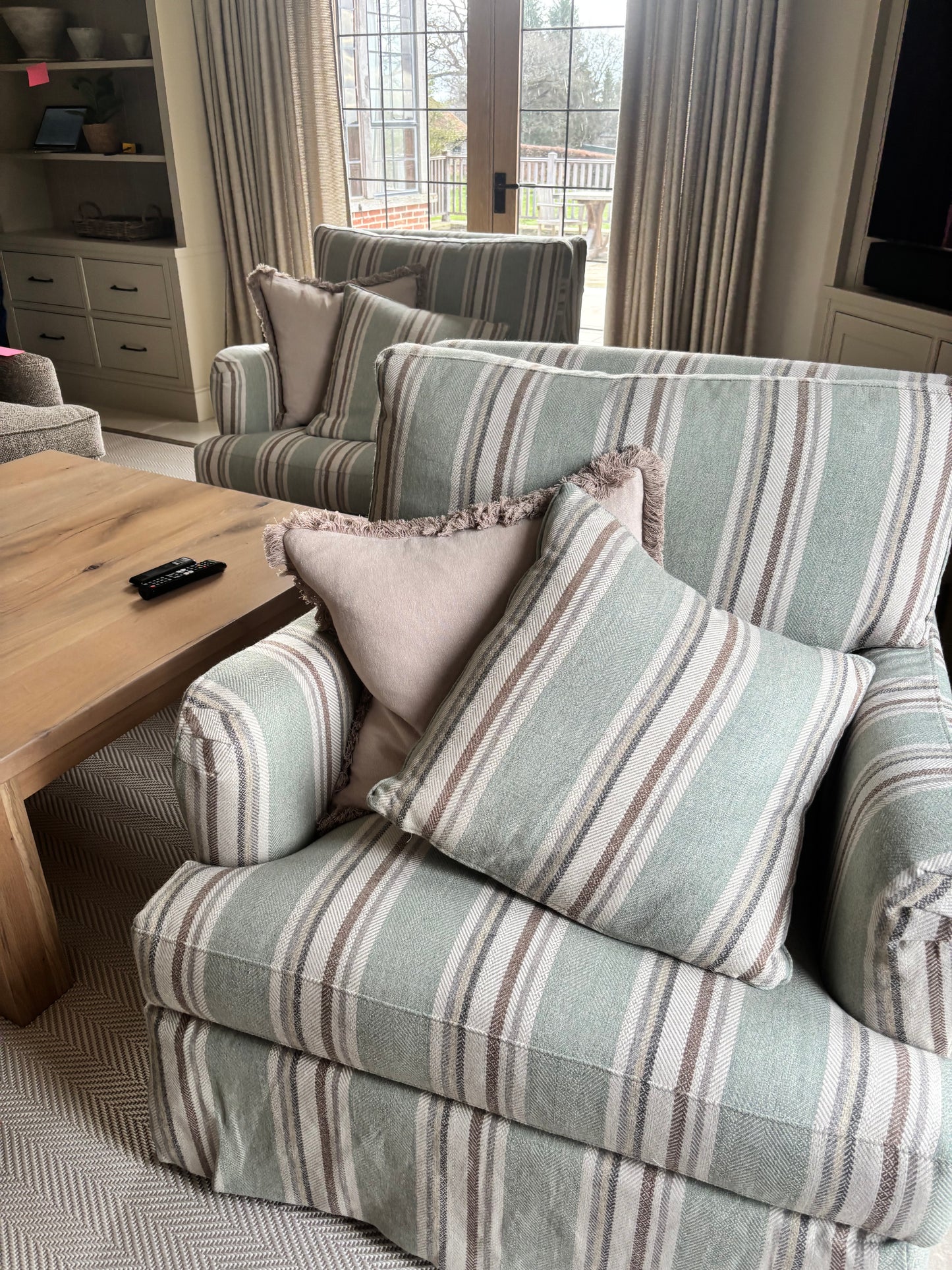 Bespoke Sofa London BRAND NEW Swivel Green & Beige Striped Armchairs