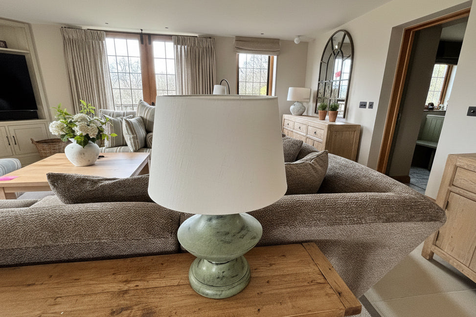 Pair of Oka Green Stone Effect Base Lamps with Cream Shades