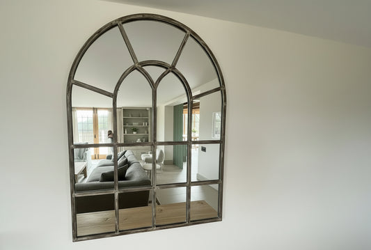 Pair of One World Arched Washed Metal Window Mirrors