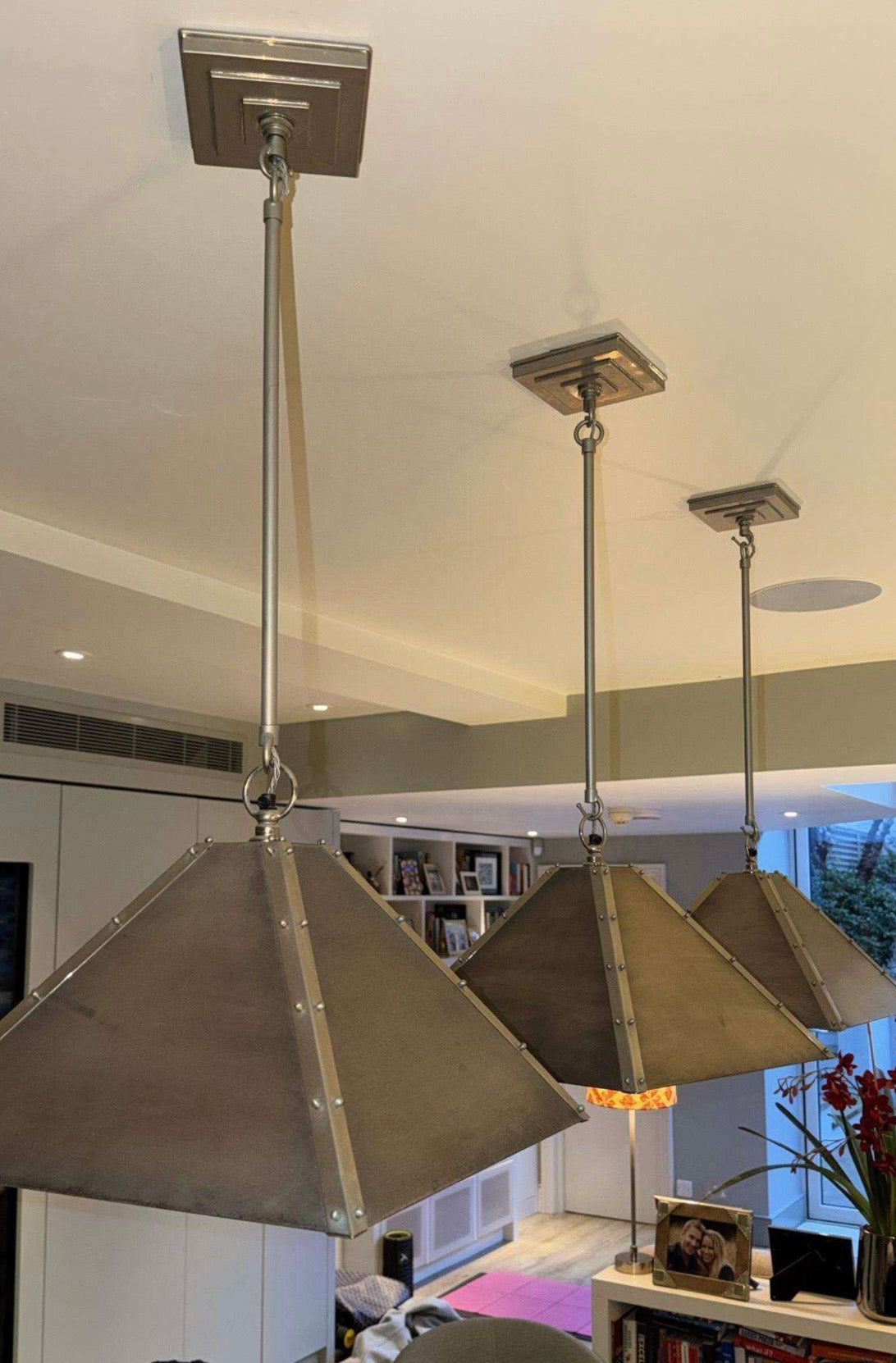 Trio of Charles Edward Hanging Pyramid Shade Lights
