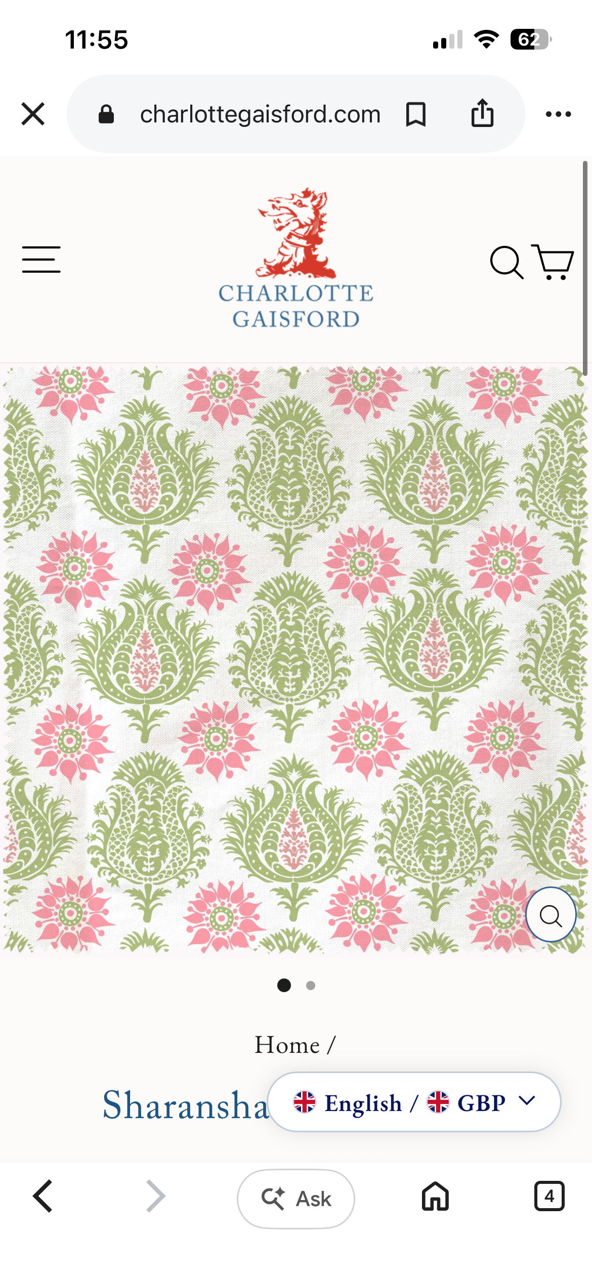 Charlotte Gaisford Sharanshar green fabric Blinds