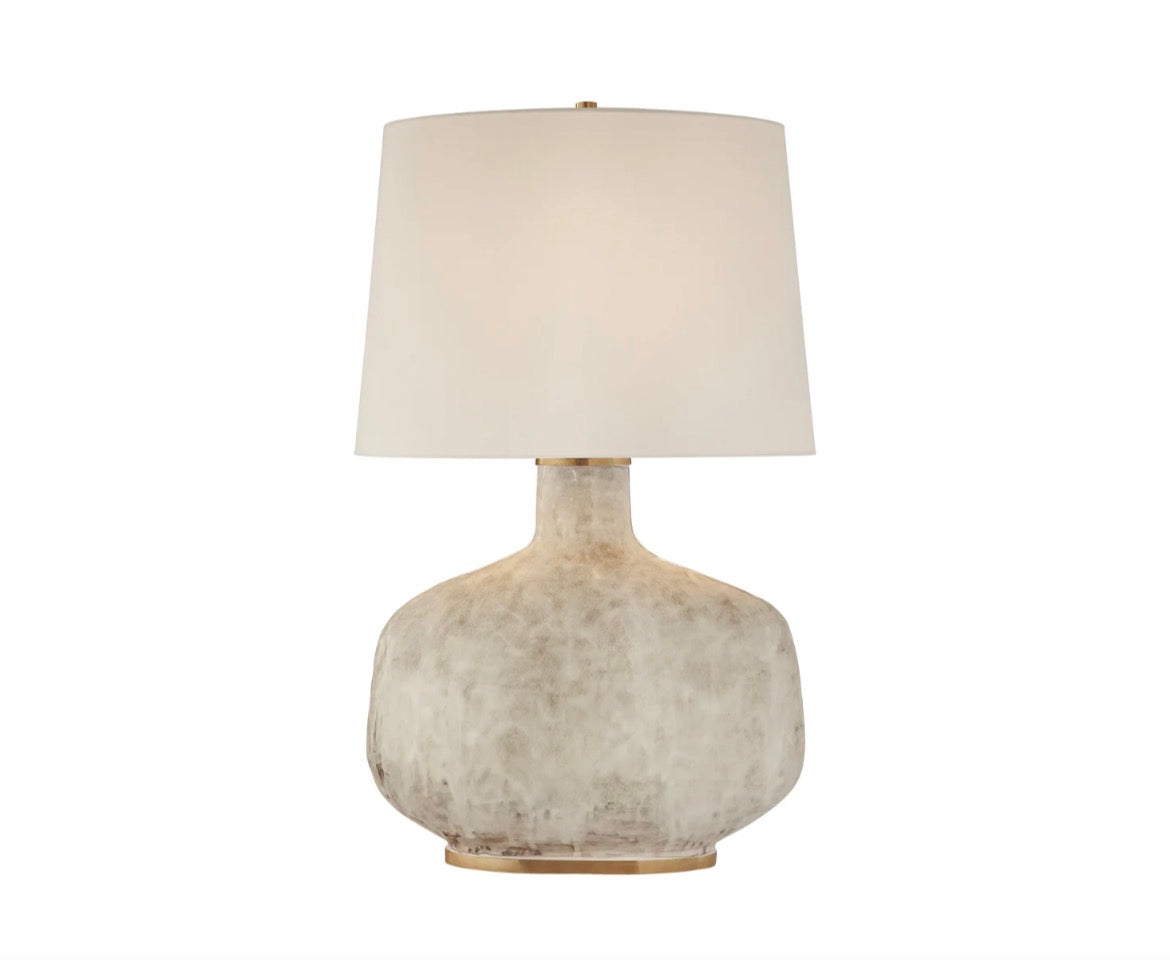Visual Comfort Antiqued White Benton Large Table Lamp with Beige Shade