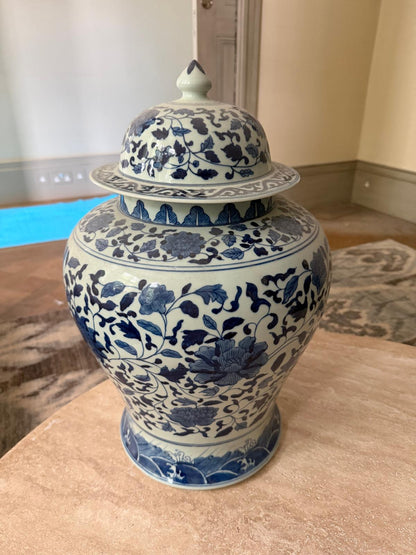 Large Blue & White Chinese-Style Porcelain Temple Jar with Lid