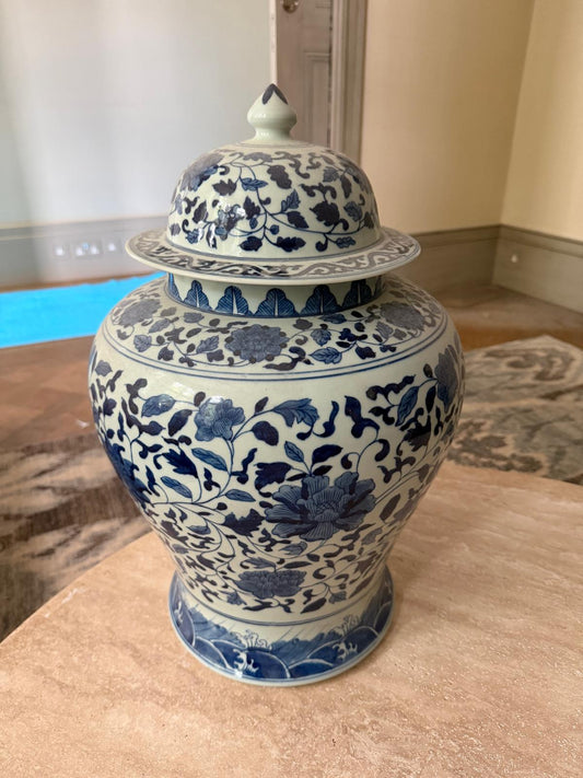 Large Blue & White Chinese-Style Porcelain Temple Jar with Lid