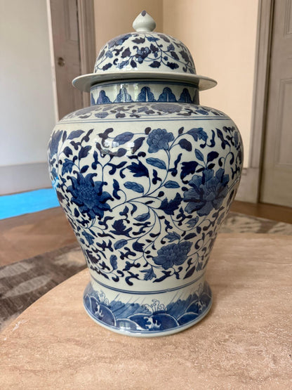 Large Blue & White Chinese-Style Porcelain Temple Jar with Lid