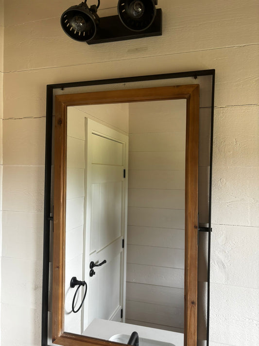 Wooden Mirror in Black Metal Frame